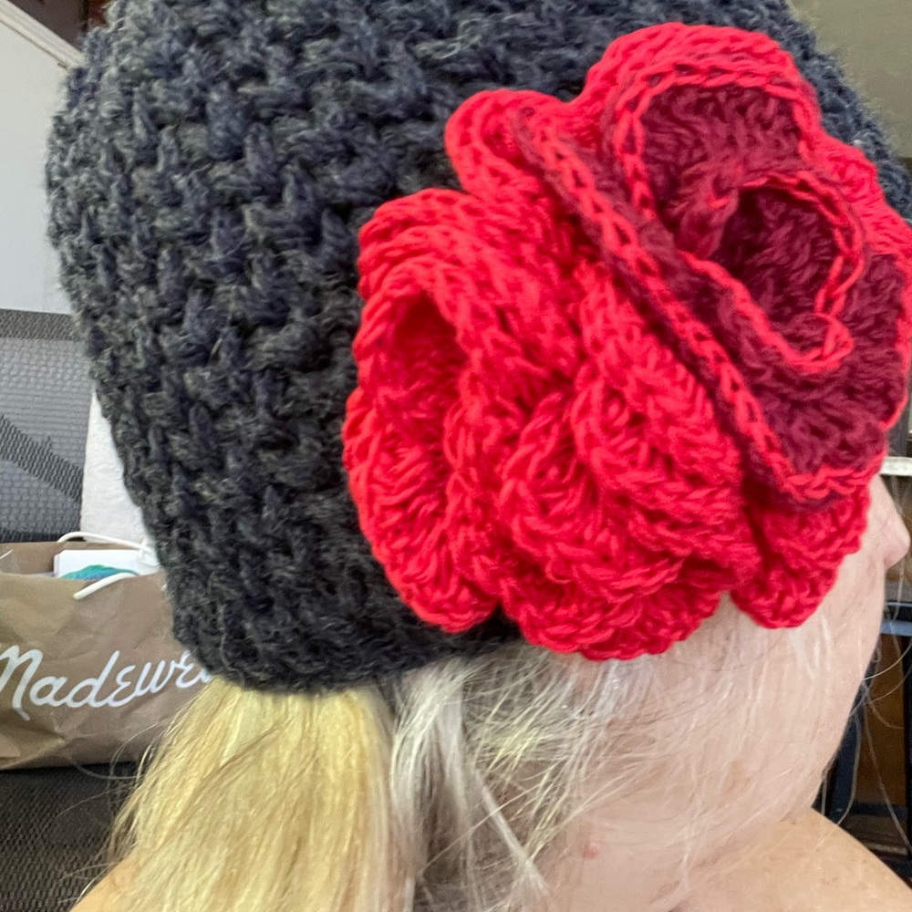Hand-made crochet hat never worn dark grey blue with red flower